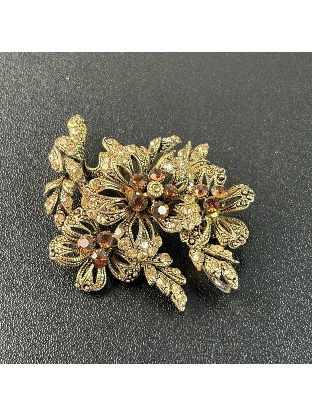 Vtg Gold Tone Floral Flower Brooch Pin Amber Rhinestones Filigree Design 2.5"